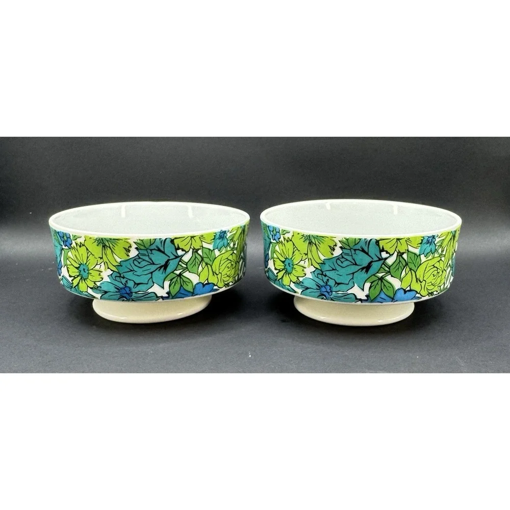 Vintage Holt Howard 1966 Set 6 Floral Pedestal Bowls Blue Green Mod MCM Flower